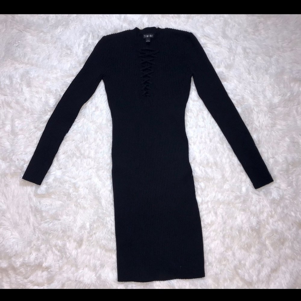 Black Ribbed Tie Up Long Sleeve Midi Sweater Dress